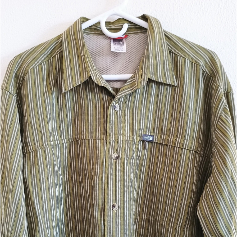 The North Face Green Striped Roll Tab Long Sleeve Outdoor Button Shirt XL - Picture 3 of 6